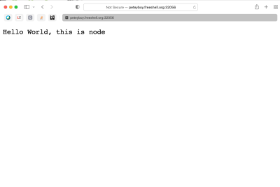 browser showing 'Hello World, this is node'