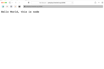 browser showing 'Hello World, this is node'  